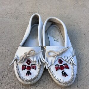 MINNETONKA White Leather Beaded Thunderbird Indian Moccasins Loafers Women's 7m